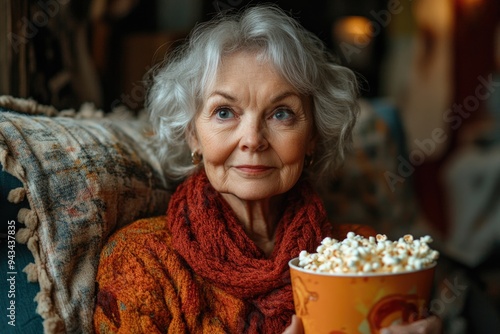 Relaxed Senior Woman Enjoys Movie Night at Home, Sitting on Sofa with Popcorn and Comfortable Atti photo