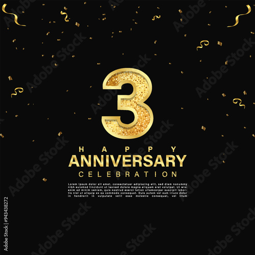 3rd anniversary celebration emblem. Gold anniversary logo isolated on dark black gradient background. Anniversary banner template design for web, poster, flyers, greeting card and invitation card