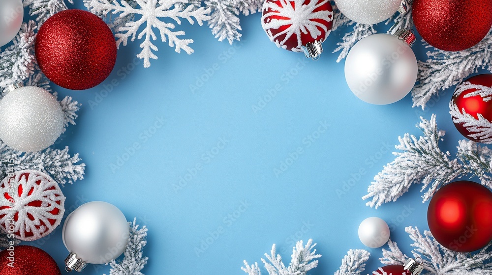 Merry Christmas and Happy Holidays greeting card, frame, banner. New Year. Noel. White Christmas white and red ornaments on blue background top view. Winter holiday xmas theme. generative ai Merry Christmas and Happy Holidays greeting card, frame, banner. New Year. Noel. White Christmas white and red ornaments on blue background top view. Winter holiday xmas theme. generative ai