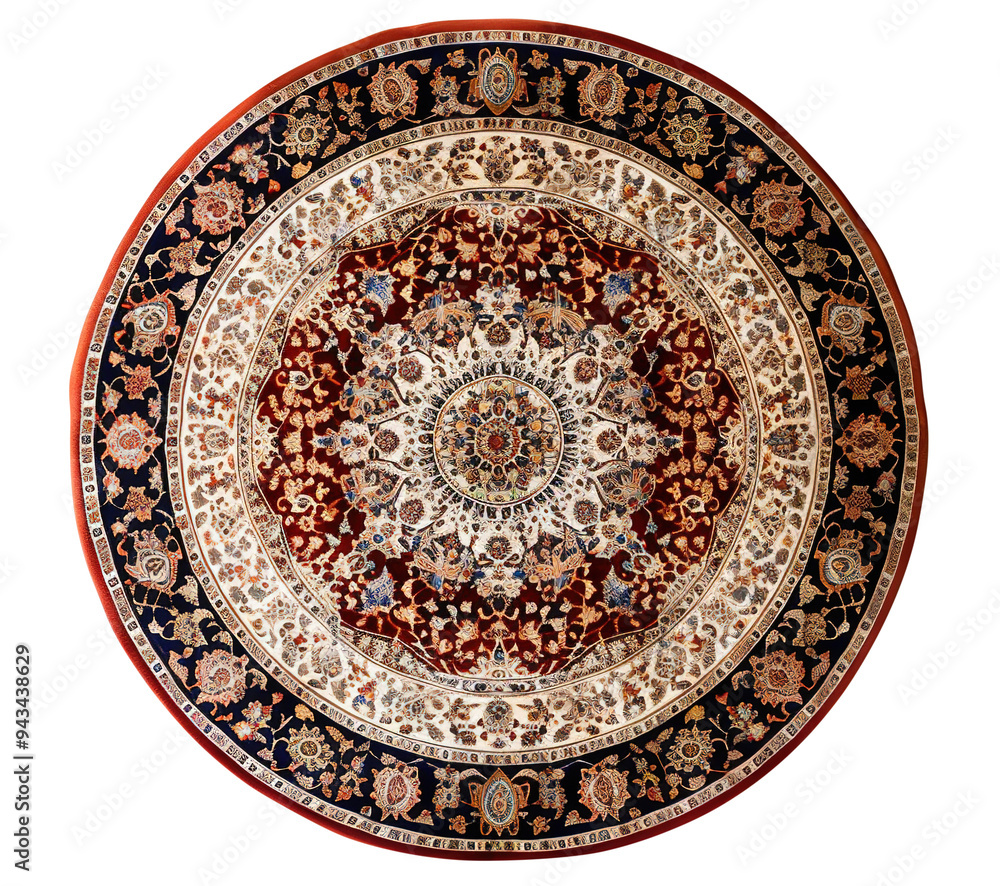 Fototapeta premium Exquisite round carpet with rich red core and intricate floral, geometric pattern, top view. Rug on transparent background. Cut out home decor. Vintage, boho style. High angle view.