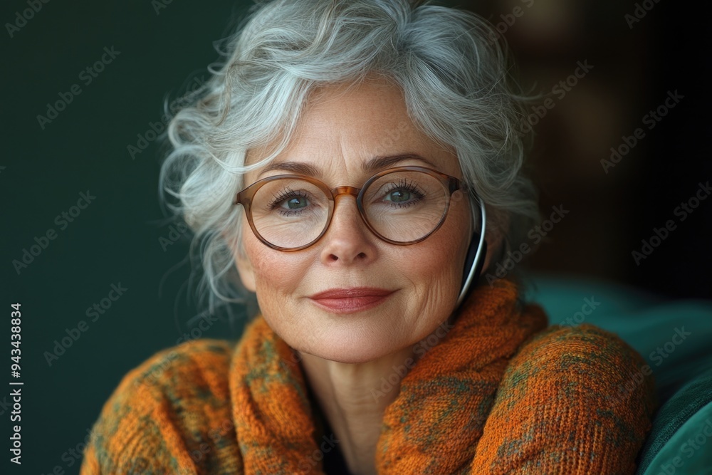 Mature Woman with Hearing Aid Poses Against a Green Background: Focus on Hearing Assistance Techno Mature Woman with Hearing Aid Poses Against a Green Background: Focus on Hearing Assistance Techno