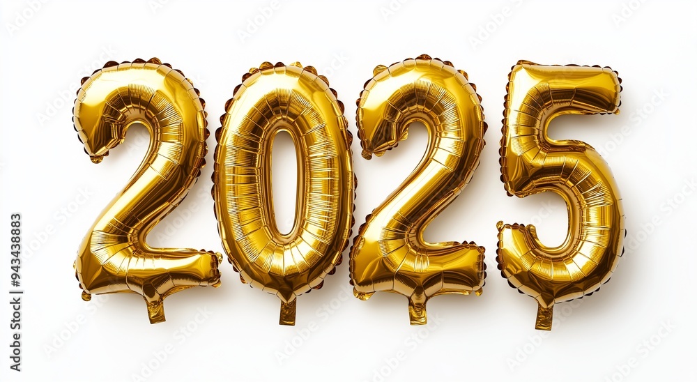 Gold foil balloons shaped like the numbers 2025 isolated on background Gold foil balloons shaped like the numbers 2025 isolated on background