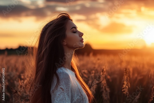 A woman with long hair stands in a grassy field, bathed in the warm, golden light of a sunset. The scene captures the feel of tranquility and connection with nature.