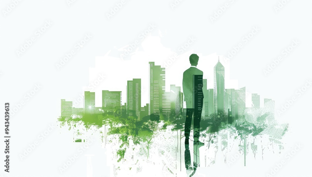 Obraz premium A person in business attire standing at the edge of an urban skyline, looking out over green sustainable buildings and technology elements floating above them.