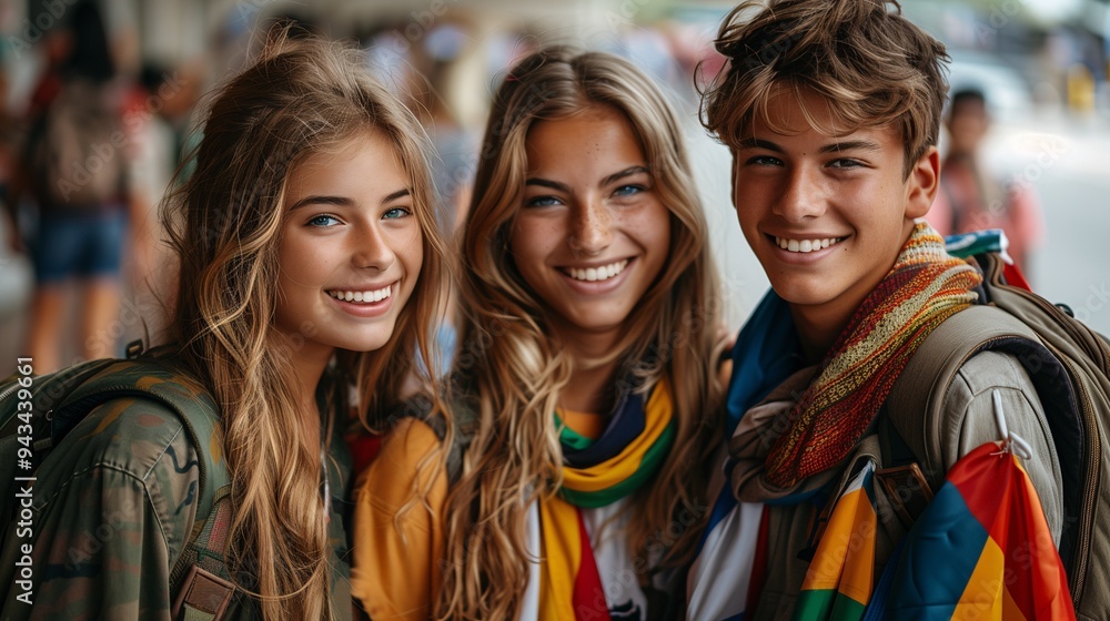 Three smiling young people with long hair, wearing colorful scarves and backpacks, standing together outdoors in a lively setting. Three smiling young people with long hair, wearing colorful scarves and backpacks, standing together outdoors in a lively setting.