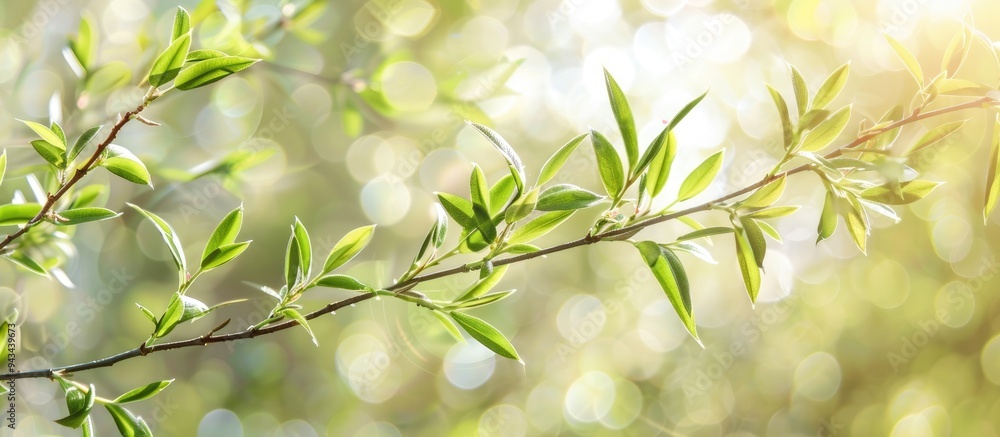 Focused young green willow branch against a blurred background ideal for design with copy space image Focused young green willow branch against a blurred background ideal for design with copy space image