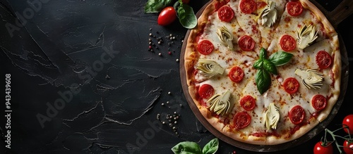 Artichoke mozzarella tomatoes and cheese tart pizza on a wooden board against a dark background viewed from the top with copy space image available photo