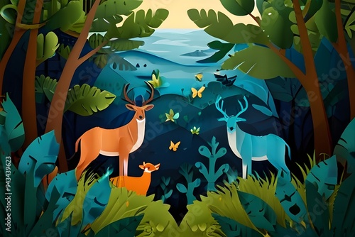 World Environment day Paper cut illustration design. Environment day, 05 June. animals and plants Generative AI photo