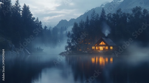 Dreamy dusk scene of an illuminated cabin nestled by a peaceful lake, with misty mountains creating a serene atmosphere.