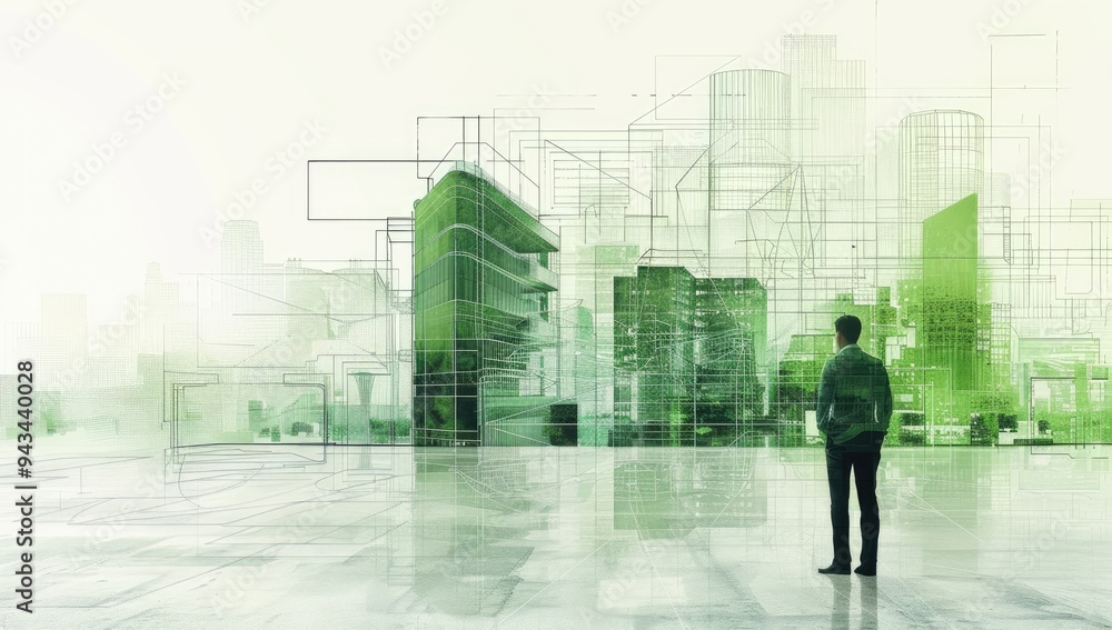 A person in business attire standing at the edge of an urban skyline, looking out over green sustainable buildings and technology elements floating above them. A person in business attire standing at the edge of an urban skyline, looking out over green sustainable buildings and technology elements floating above them.
