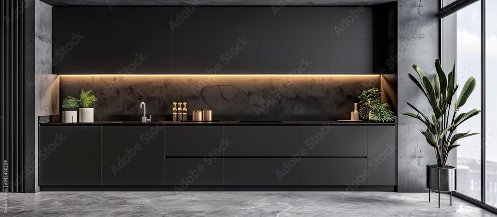A modern black kitchen buffet interior offering sleek sophistication with clean lines minimalist design and high end finishes ideal for contemporary living shown in a copy space image A modern black kitchen buffet interior offering sleek sophistication with clean lines minimalist design and high end finishes ideal for contemporary living shown in a copy space image