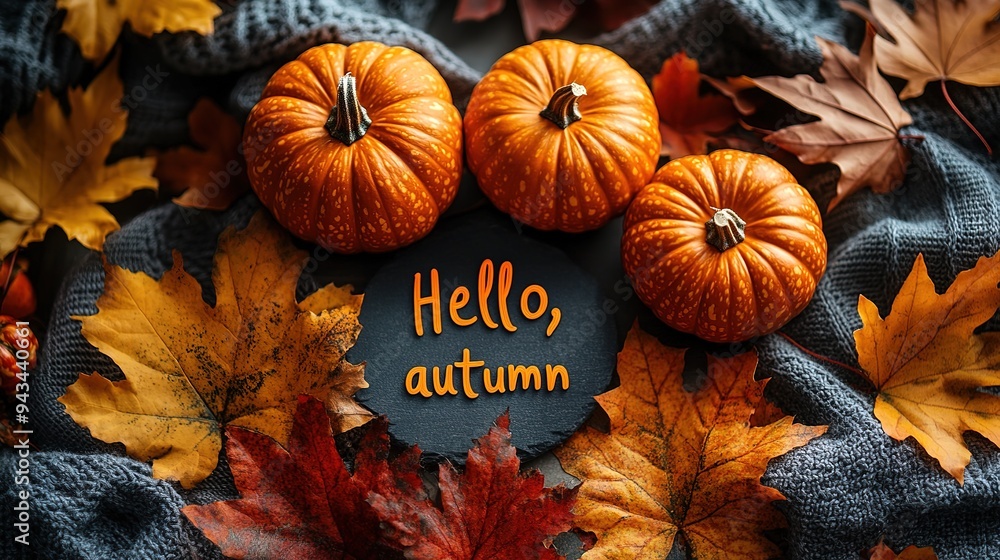Hello Autumn white chalk lettering on blackboard. Autumn seasonal flat lay photo on wooden background. Hello Autumn inscription with orange leaf frame. Fall season banner template. Yellow leaf texture Hello Autumn white chalk lettering on blackboard. Autumn seasonal flat lay photo on wooden background. Hello Autumn inscription with orange leaf frame. Fall season banner template. Yellow leaf texture