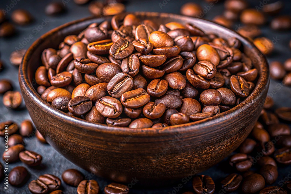 Fototapeta premium Close-up of roasted coffee beans in a dark bowl