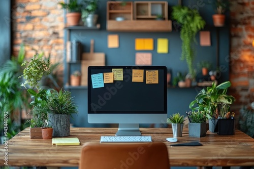 Cluttered Desk with Computer Monitor and Sticky Notes in a Light-Filled, Messy Office Space