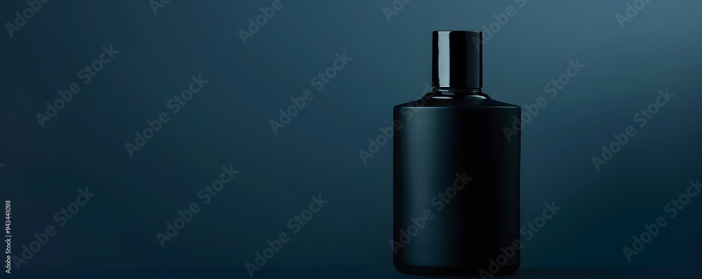 A Single Black Bottle with a Black Cap on a Blue Background A Single Black Bottle with a Black Cap on a Blue Background