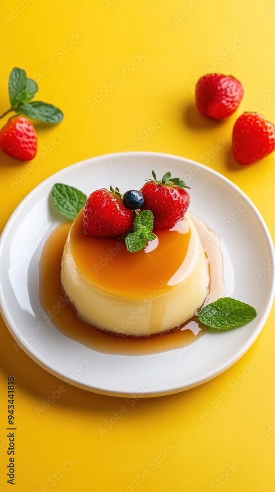 A creamy flan dessert topped with fresh strawberries, blueberries, and mint leaves, on a white plate against a bright yellow background. A creamy flan dessert topped with fresh strawberries, blueberries, and mint leaves, on a white plate against a bright yellow background.