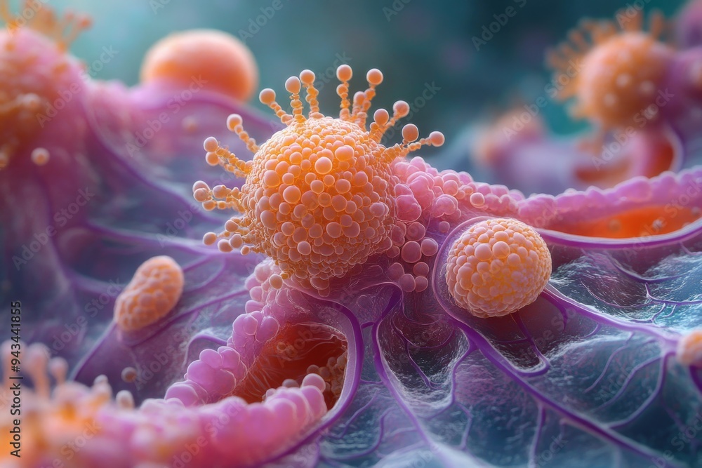 Naklejka premium Detailed Microscopic View of Spreading Cancer Cells: Vibrant Illustration of Cellular Behavior and