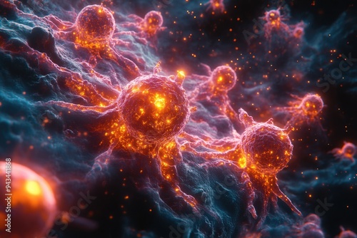 Detailed Microscopic View of Spreading Cancer Cells: Vibrant Illustration of Cellular Behavior and