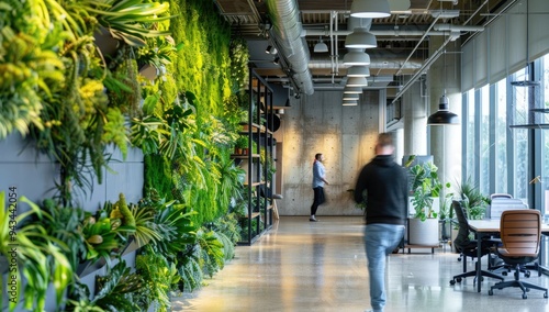 A green living wall in an office space, with people walking past it and creating natural light for energy efficiency and sustainability, modern office interior with people working.