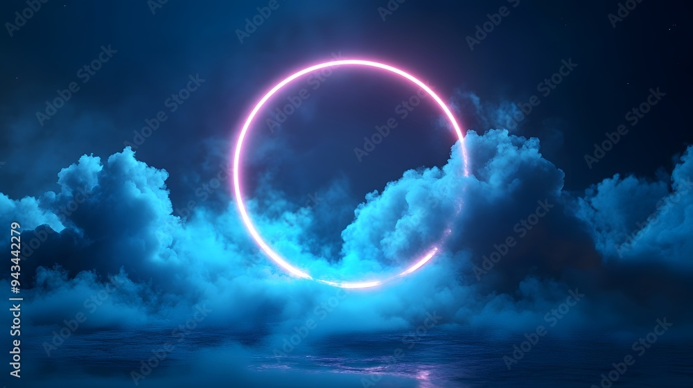 An abstract cloud illuminated with a neon light ring on a dark background, creating a surreal effect. A glowing geometric circle frame in the sky is surrounded by smoke and clouds. An abstract cloud illuminated with a neon light ring on a dark background, creating a surreal effect. A glowing geometric circle frame in the sky is surrounded by smoke and clouds.
