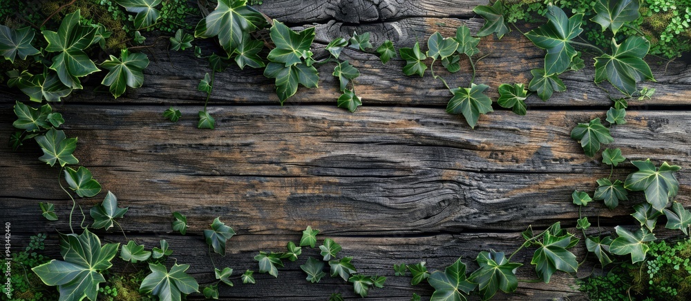 Botanical backdrop featuring wood moss and ivy leaves with copy space image Botanical backdrop featuring wood moss and ivy leaves with copy space image