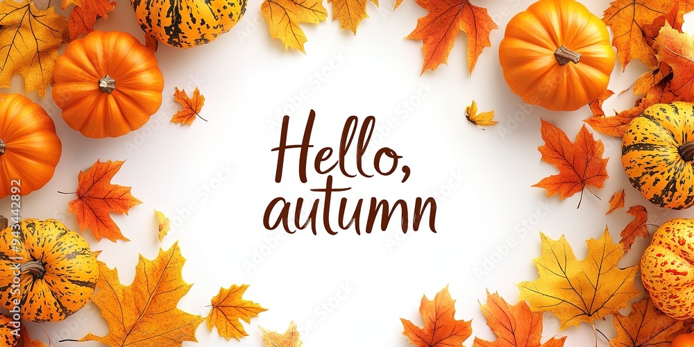 Hello Autumn white chalk lettering on blackboard. Autumn seasonal flat lay photo on wooden background. Hello Autumn inscription with orange leaf frame. Fall season banner template. Yellow leaf texture Hello Autumn white chalk lettering on blackboard. Autumn seasonal flat lay photo on wooden background. Hello Autumn inscription with orange leaf frame. Fall season banner template. Yellow leaf texture