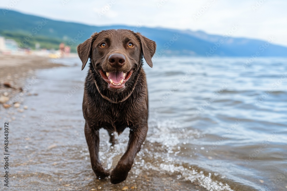 A joyful chocolate labrador runs energetically along a sandy beach near the water, epitomizing the joy and freedom found in the simple pleasures of life. A joyful chocolate labrador runs energetically along a sandy beach near the water, epitomizing the joy and freedom found in the simple pleasures of life.