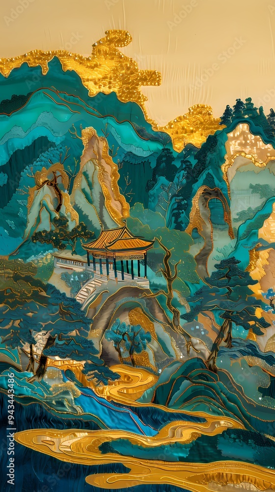 Fototapeta premium Golden green mountain pavilions illustration poster background