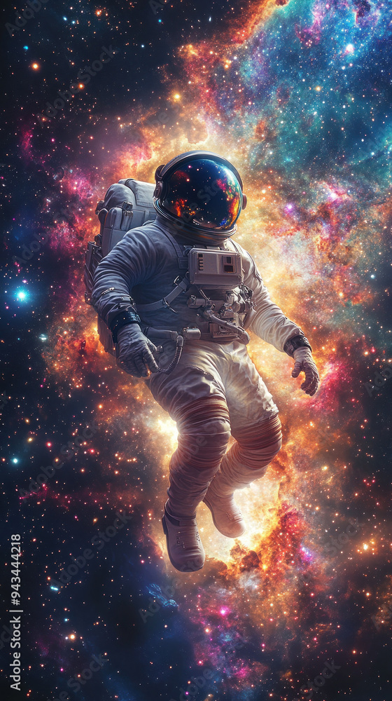 Astronaut amidst vibrant nebula in infinite space