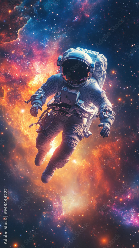 Astronaut drifting in colorful nebula in space Astronaut drifting in colorful nebula in space