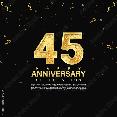 45th anniversary celebration emblem. Gold anniversary logo isolated on dark black gradient background. Anniversary banner template design for web, poster, flyers, greeting card and invitation card