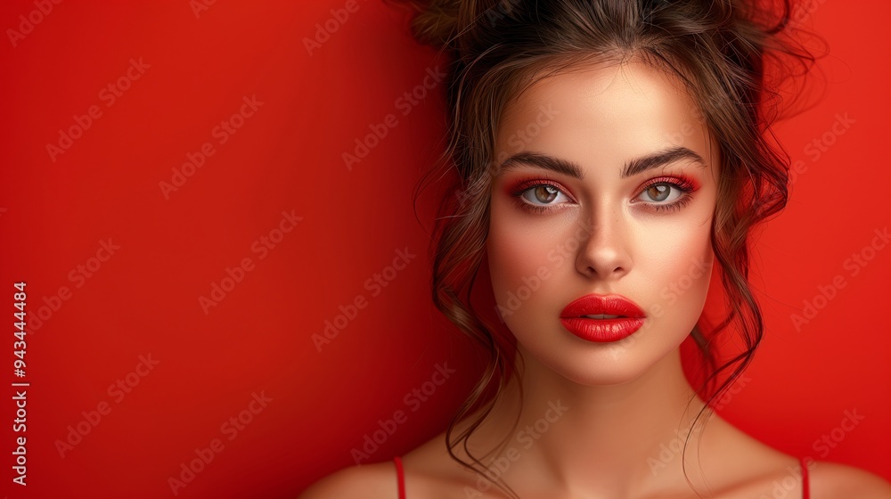 A close-up portrait of a woman with striking makeup, featuring bold red lips and eyeshadow, against a vibrant red background. Her hair is styled in soft waves, adding elegance to the image.