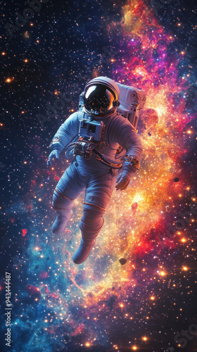 Astronaut soaring through space with colorful nebula.