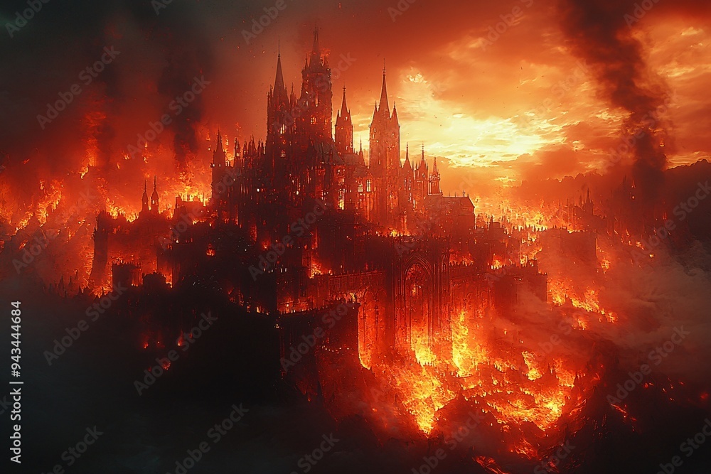 Halloween scene featuring a demonic castle in hell, ideal for spooky event promotions or haunted house designs, with copy space. Halloween scene featuring a demonic castle in hell, ideal for spooky event promotions or haunted house designs, with copy space.