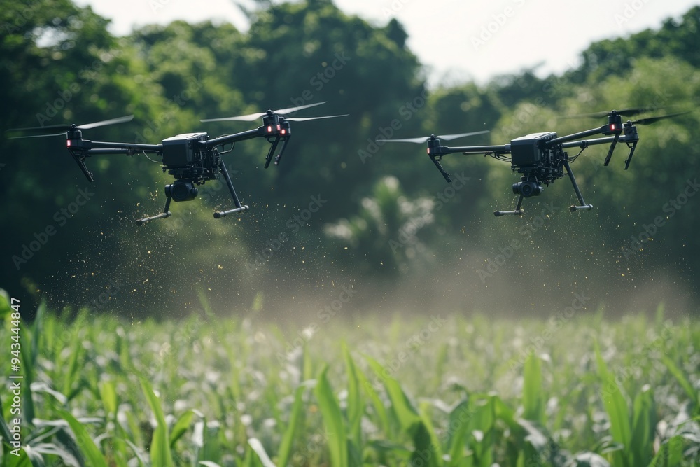 An image depicts two drones hovering over a lush green agricultural field, highlighting modern technology in farming and precision agriculture amidst a serene, natural environment. An image depicts two drones hovering over a lush green agricultural field, highlighting modern technology in farming and precision agriculture amidst a serene, natural environment.