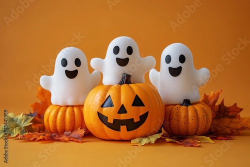 Halloween ghosts with a cheerful pumpkin on an orange background, perfect for festive decorations, invitations, or social media posts with copy space.