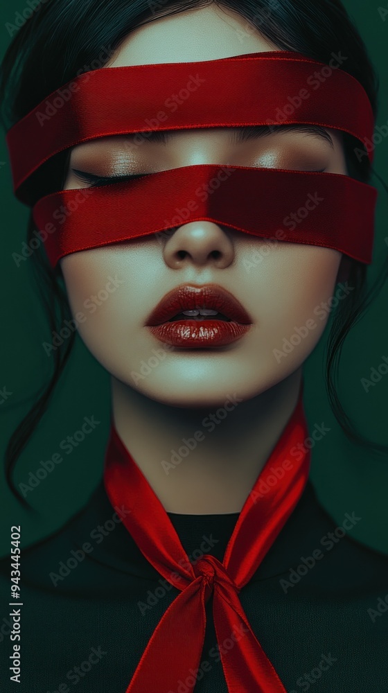 Red ribbon blindfold portrait with dark green ensemble Red ribbon blindfold portrait with dark green ensemble