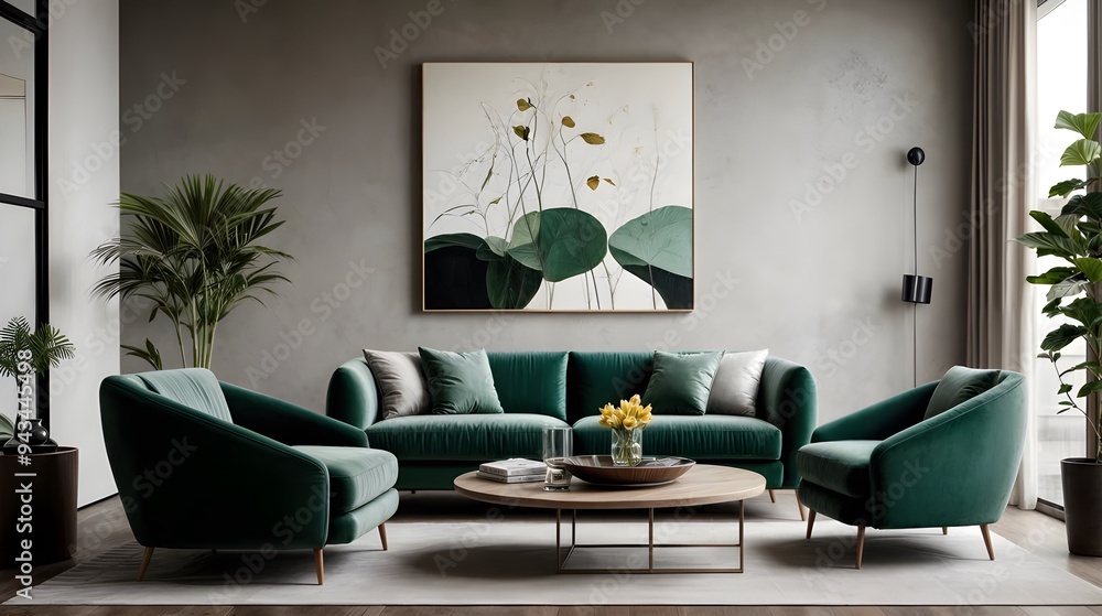 modern living room with emerald furniture and eye-catching painting on a concrete wall modern living room with emerald furniture and eye-catching painting on a concrete wall
