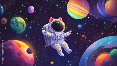 Fototapeta Naklejka Na Ścianę i Meble -  Cat Astronaut flying outer space among colorful planets and stars cartoon illustration