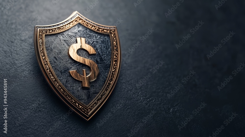 A bronze shield featuring a dollar symbol, representing finance, protection, and wealth in a textured background. A bronze shield featuring a dollar symbol, representing finance, protection, and wealth in a textured background.