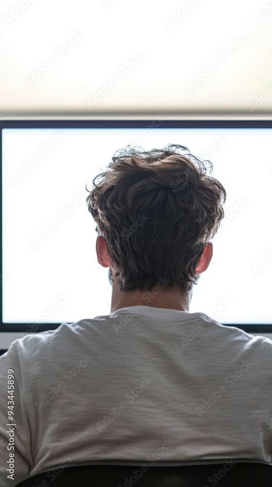 Young Freelancer Working from Home: Over-the-Shoulder View of Person Using Computer with Blank White Screen. Abstract Minimalist Composition for Online Gig Economy and Remote Work Concepts. Young Freelancer Working from Home: Over-the-Shoulder View of Person Using Computer with Blank White Screen. Abstract Minimalist Composition for Online Gig Economy and Remote Work Concepts.