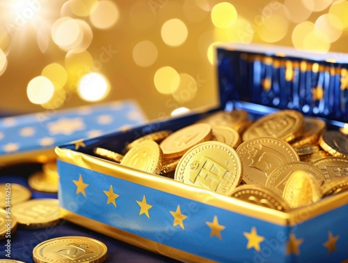 Gold Chocolate Coins in Festive Blue Box with Stars photo