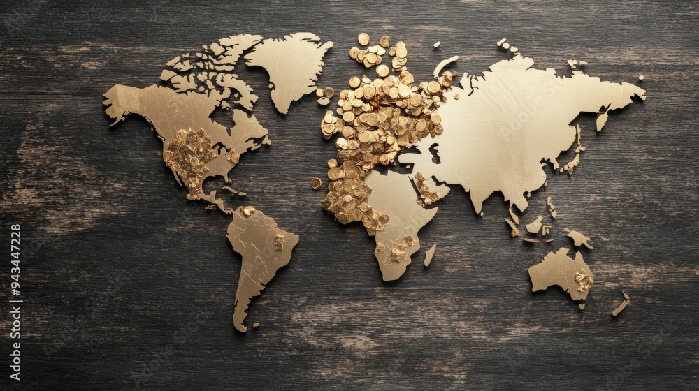 A stunning golden world map with scattered coins, symbolizing wealth and global finance on a rustic wooden background. A stunning golden world map with scattered coins, symbolizing wealth and global finance on a rustic wooden background.
