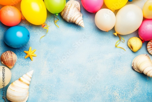 An arrangement of multicolored balloons and various seashells beautifully placed on a blue background, creating a festive and cheerful beach-themed decoration. photo