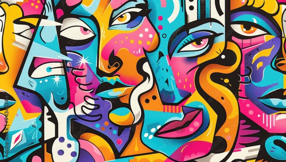 A vibrant cartoon-style graffiti pattern featuring abstract shapes and characters, with bold colors and dynamic lines creating an energetic atmosphere, focusing on faces. A vibrant cartoon-style graffiti pattern featuring abstract shapes and characters, with bold colors and dynamic lines creating an energetic atmosphere, focusing on faces.