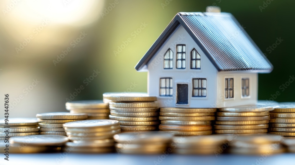 This image captures a detailed miniature house model surrounded by orderly stacks of gold coins, representing investment, savings, financial planning, and real estate. This image captures a detailed miniature house model surrounded by orderly stacks of gold coins, representing investment, savings, financial planning, and real estate.