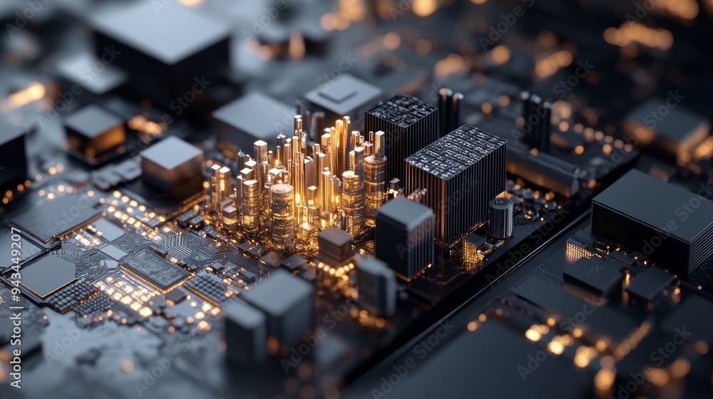 Detailed close-up of a modern circuit board showcasing intricate designs and glowing components. Detailed close-up of a modern circuit board showcasing intricate designs and glowing components.
