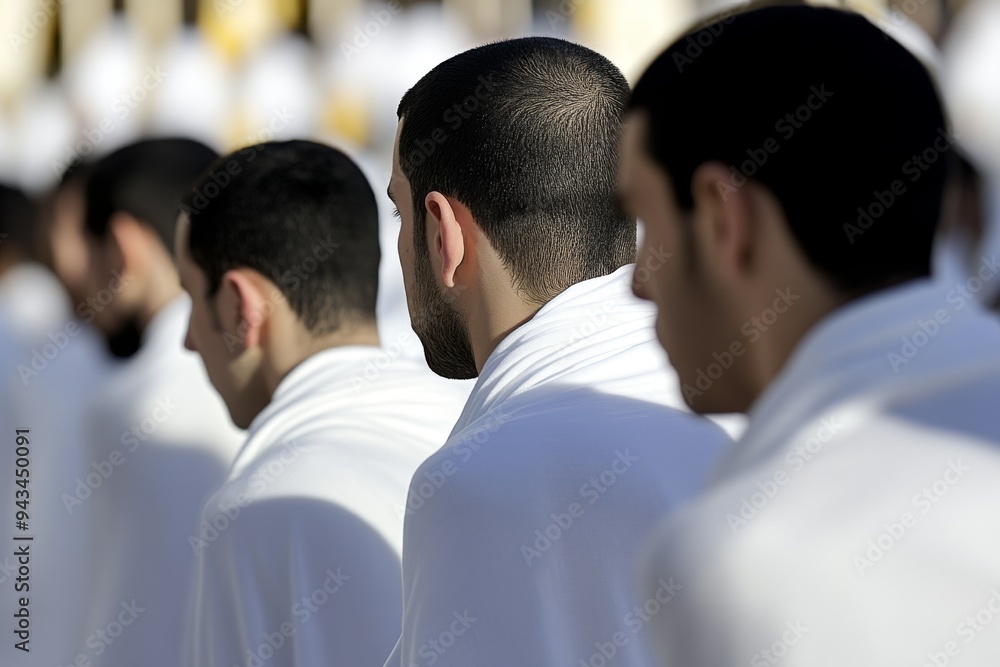 The photo shows men attentively attending an event, all dressed in identical white robes, which indicates a uniform spiritual or cultural gathering, emphasizing unity and shared focus. The photo shows men attentively attending an event, all dressed in identical white robes, which indicates a uniform spiritual or cultural gathering, emphasizing unity and shared focus.