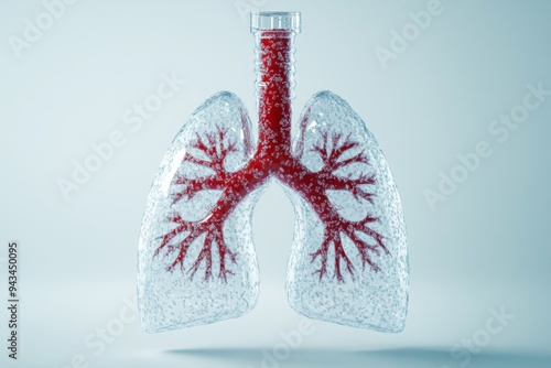 An intricately detailed and transparent model of human lungs with prominently visible red arteries, set against a light background, illustrating the complexity of the respiratory system.
