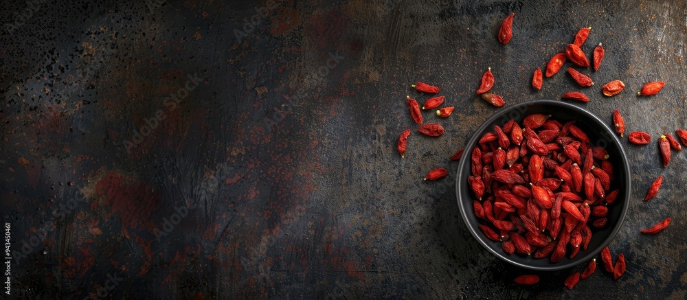 Dark textured table with dried goji berries arranged for a flat lay composition featuring ample copy space image Dark textured table with dried goji berries arranged for a flat lay composition featuring ample copy space image